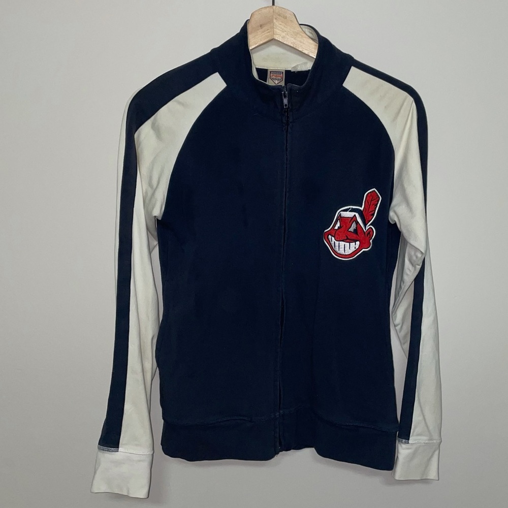 Indians Vintage Jacket Sports Team Cleveland Baseball Navy White Full Zip Small
